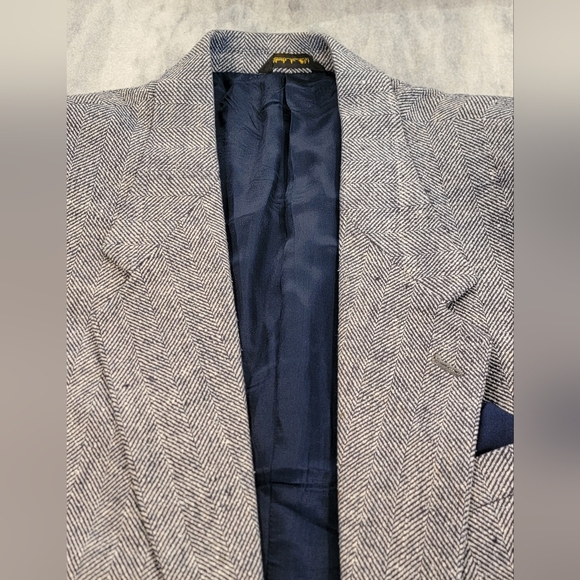 42R Men's Bret Lawrence NYC Blazer Grey/Blue 100% Silk Herringbone Sport Coat - Picture 3 of 10